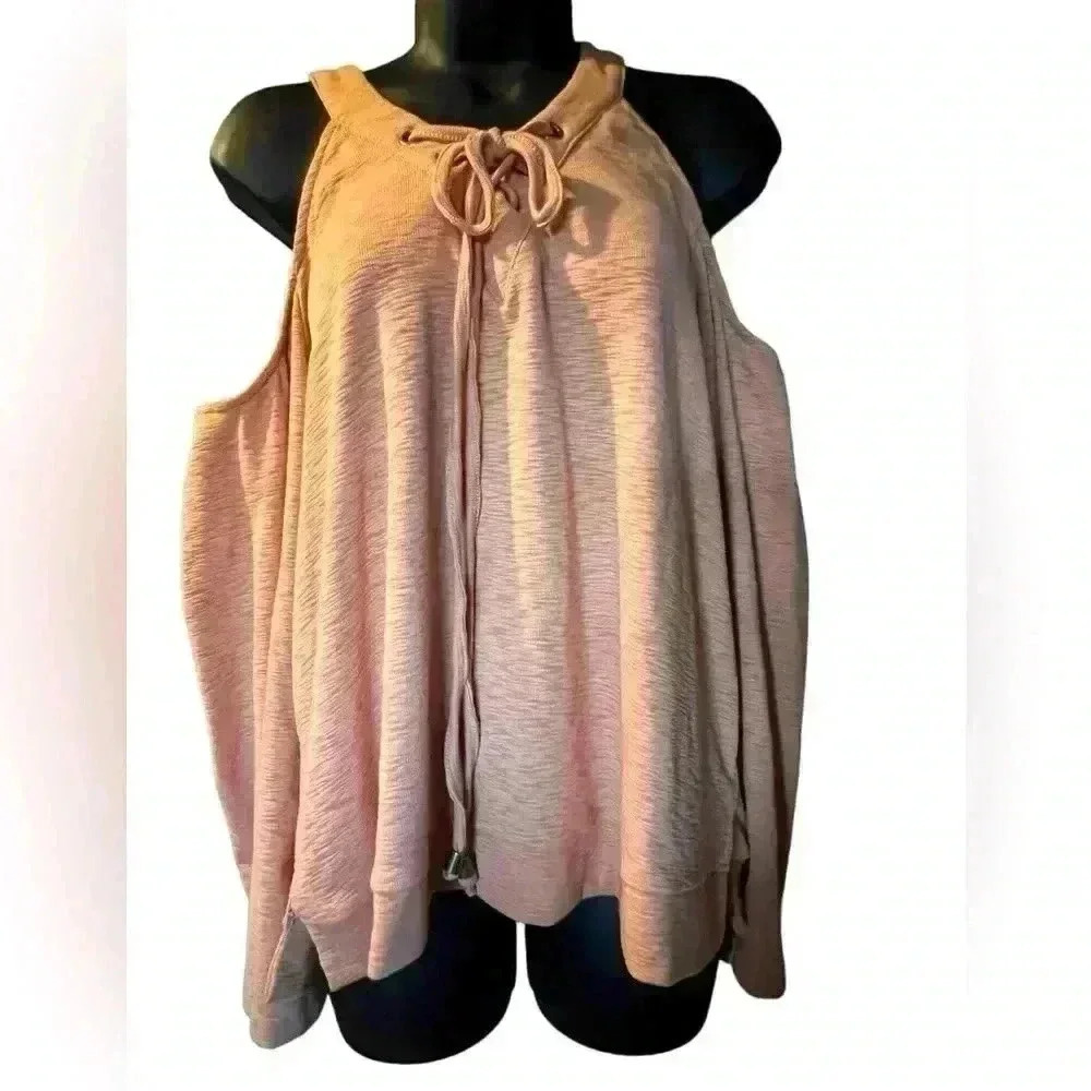 Peach Sweatshirt Material By J.O.A. Sz L Peekaboo Shoulder String Tie Casual Top